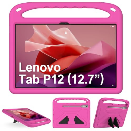 GOZOPO Custodia per bambini Lenovo Tab P12 Tablet 12,7 pollici, con funzione di supporto e maniglia, robusta custodia antiurto - Magenta