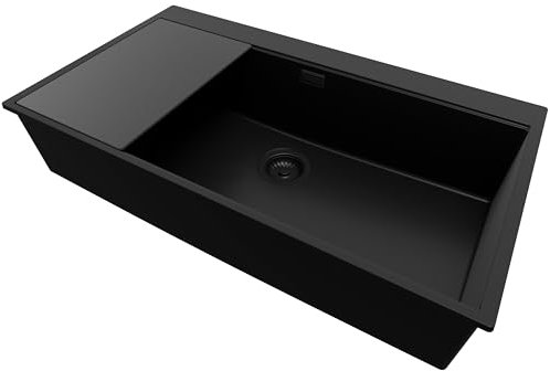 PRIMAGRAN Fregadero Cocina Todo Negro 88x50cm, Granito 1 Seno + Sifón + Tabla de cortar, Sobre encimera al mueble 90cm - Oslo S442