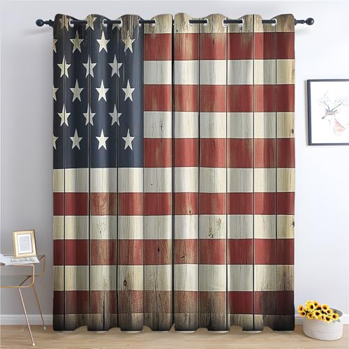 Venivici Amerikanische Flagge Vorhänge Wohnzimmer Schlafzimmer - Rustikale USA Flagge Vorhang mit ösen, Gardinen Blickdicht, Verdunklungsvorhänge, Thermovorhang 2er Set, H 166 x B 75 cm