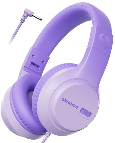 awatrue Kids Headphones, Wired headphones Kids with 74/85/94db Safe Volume, 3.5mm jack, Adjustable Headband, Foldable Over Ear Toddler Headphones for Plane/School/Travel/Tablet/Gifts (Purple)