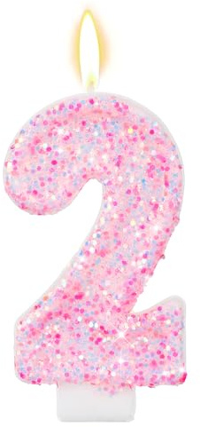 Pink Number Birthday Candles, Glitter Pink Cake Number Candles Anniversary Cake Topper Decoration Romantic Birthday Supplies for Party Wedding Anniversary Celebration Girls (2)