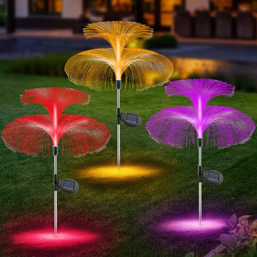KUWUNG Solar Lights Outdoor Garden Ornaments, 3 Pack 7 Colour Changing Solar Jellyfish Lights, Waterproof Solar Garden Lights, Double Jellyfish Decorative Solar Lights for Yard Pathway Lawn Party