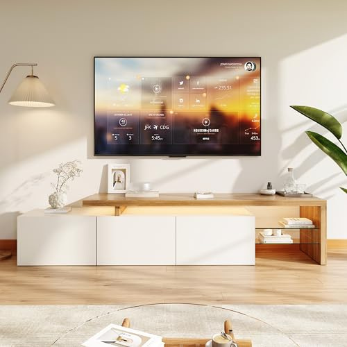 FUCMKON TV-Schrank mit LED 200cm,Sideboard mit 3 Türen und Offenen Stauraum,Skandinavisches TV-Möbel/Lowboard,Wohnzimmermöbel, Hochglanz weiß und Natur Holzmaserung (Weiß C, 200x39x42cm)