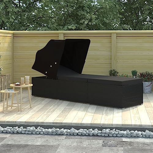 Owoxanthellate Sonnenliege klappbar 195x60x110 cm Schwarz Poly Rattan wetterfest verstellbar mit Baldachin dick gepolstert für Garten Balkon Pool Terrasse Camping