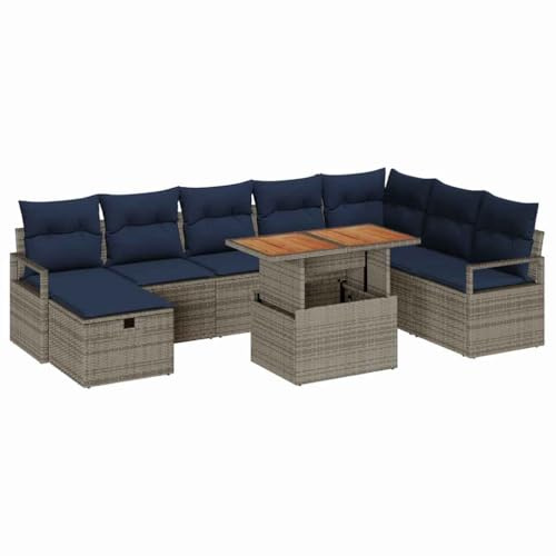 vidaXL Gartensofa-Set mit Kissen mit Speicher 9 pcs Grau Poly-Rattan, Moderne Gartenmöbel, modulare Sofas, UV-beständige Materialien, höhenverstellbarer Esstisch