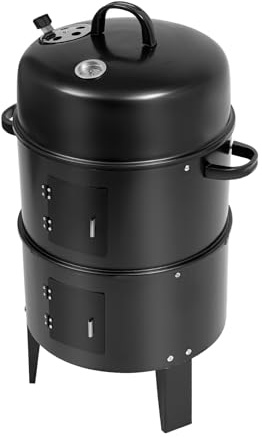 Forno per affumicatura 3 in 1 con termometro e camino, a carbonella con 2 griglie in acciaio inox, compatto con ciotola per acqua smaltata, per giardino e campeggio