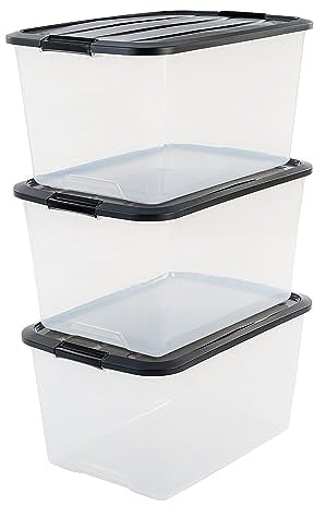 Iris Ohyama Plastic Storage Boxes with Lids, 45L, Set of 3, Black, Latching Buckles with Handles, Stackable, Nesting, Strong & Durable, For Closet, Garage, Home, Office, Organising Tote Bins, TB-45