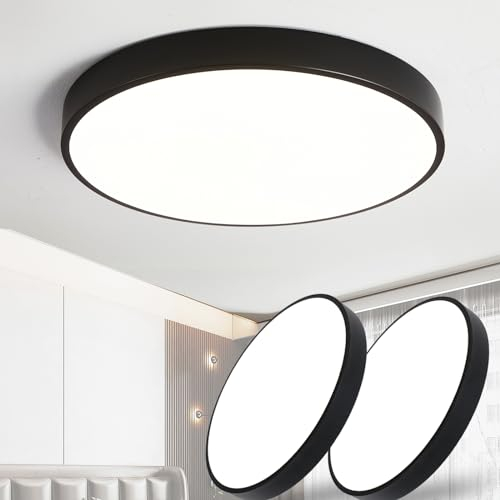 Style home 2Pcs 24W Deckenleuchte LED Deckenlampe aus Metall,Ø30x4cm Warmweiß 3000K, Ultraslim Runde Leuchte für Wohnzimmer Schlafzimmer Arbeitszimmer Büro Küche Flur (Schwarz)