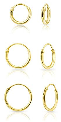 DTPsilver® 3 Paare WINZIGE Creolen Ohrringe 925 Sterling Silber Gelb Vergoldet - Knorpel/Wendel/Tragus - Dicke 1.5 mm - Durchmesser 8, 10, 12 mm
