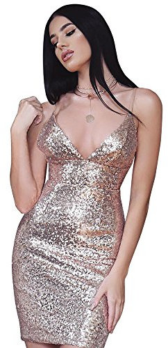 GGTBOUTIQUE Mini abito sexy con paillettes con scollo a V con spalline sottili, Oro rosa, XL