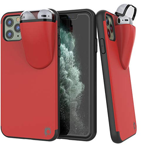 PunkCase iPhone 11 Pro Airpods Case Holder (TopPods Series) | Slim & Durable 2 in 1 Cover Designed for iPhone 11 Pro (5.8) | Protects Your Phone & Stores Your AirPods Gen. 1 & 2 [Red]