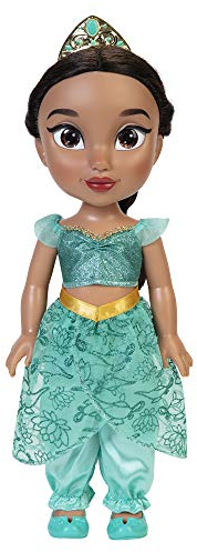 Disney Princess Jasmin Puppe 35cm, reflektierende Glitzeraugen, bewegliche Gelenke, ausziehbares Outfit, Schuhe, Krone, langes geflochtenes Haar, für Mädchen ab 3 Jahren
