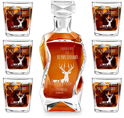 Maverton Ensemble de Carafe gravé avec 6 verres à Whisky, 700 ml Décanteur en verre, Cadeau personnalisé de Noël - Liqueur de Noël