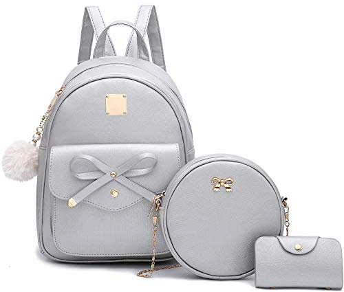 I IHAYNER Mädchen-Rucksack mit Schleife, 3-teilig, aus Fahsion-Leder, Rucksack für Damen, Schultertasche, silber, Medium, Rucksack, Rucksäcke