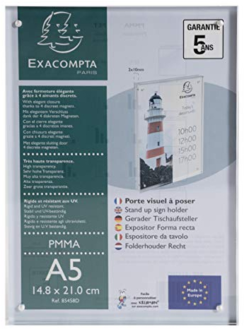 Exacompta 85458D Tischaufsteller mit Magnetverschluss DIN A5 Hochformat aus hochwertigem Acryl beidseitig verwendbar UV beständig Prospektschild Flyerhalter Tischschild Prospekthalter transparent