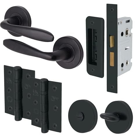 EAI Black Bathroom Door Handle Set | Round Internal Door Handles, Thumb Turn & Release Set, Lock & Hinges (76mm) | Matt Black