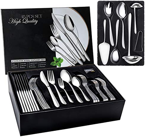 Juego de cubertería de 48 piezas, acero inoxidable pulido, para 8 personas con cubiertos, set de servir de 10 piezas, compuesto de cuchillo, utensilio para servir, apto para lavavajillas (plata)