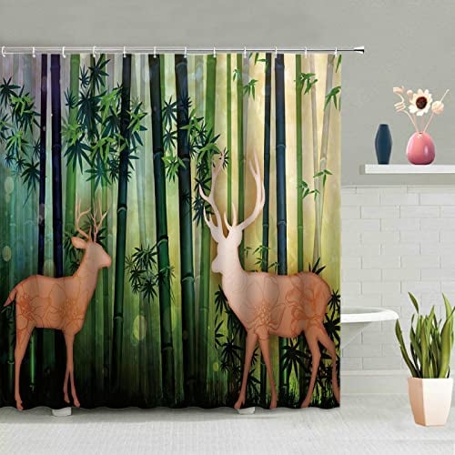 SAJEGBJ Wasserdichter Duschvorhang Grün Bäume Elche Duschvorhang Textil 3D Digitaldruck Duschvorhang Anti-Schimmel Waschbar Mit 12 Duschvorhang Ring (Keine Matten) 180X180Cm