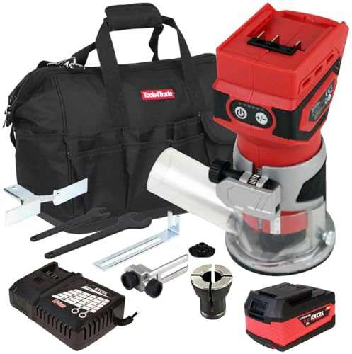 Excel 18V Router Trimmer with 1 x 5.0Ah Battery Charger & Bag Chuck Capacity 6mm - Speed 12000-30000 RPM - Brushes Motor - Shaft Lock - Dust Nozzle