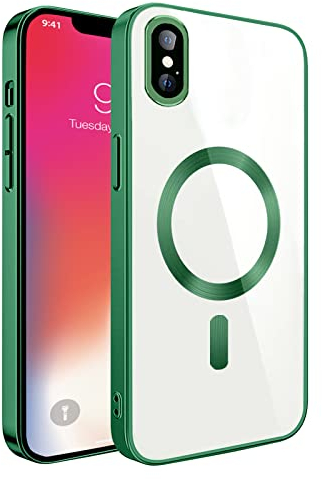 S. Dawezo Klare Magnetische Hülle für iPhone X/XS, kompatibel mit MagSafe Kabelloses Laden, Militärnorm Schutz, Kratzfest, Stoßfest, Schlanke Transparente Silikonhülle für iPhone X/XS Hülle, Grün