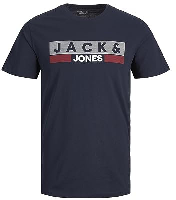 JACK & JONES Men's Logo Tee Plus Size Crew Neck Short Sleeve Oversized T-Shirt JJECORP, Colours:Dark Blue-2, Size:6XL