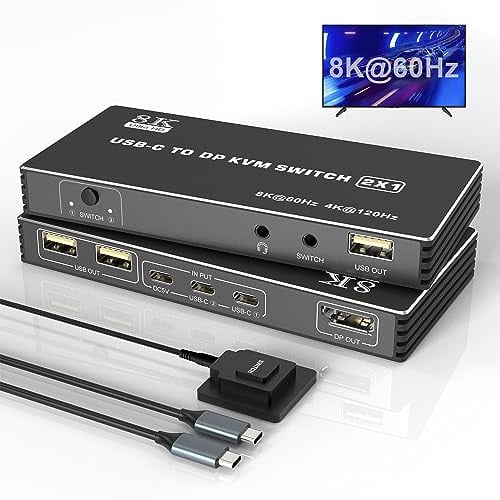 USB C KVM Switch 8K@60Hz 4K@120Hz, 2 Port Typ C für 2 Computer, 1 DisplayPort Monitor, Mit 3 USB 2.0 Geräte und Mikrofon Audio, Umschalter für Thunderbolt und MacBook Pro