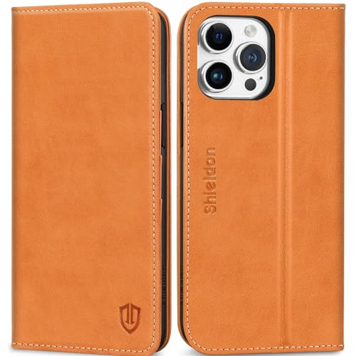 SHIELDON Hülle für iPhone 15 Pro Max, Schutzhülle [Rindsleder] [Stoßfest] [Kartenfach] [Magnetverschluss] [Stand] [RFID Blocker] TPU Etui Kompatibel mit iPhone 15 Pro Max 6,7 - Braun