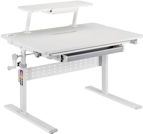 Ergo Office ER-483 Ergonomischer Kinderschreibtisch mit Höhenverstellung und Neigungsverstellung bis zu 40 Grad, Zusätzliche Ablage mit Buchhalterung, Kinder-Schultisch bis 40kg Schublade Taschenhaken