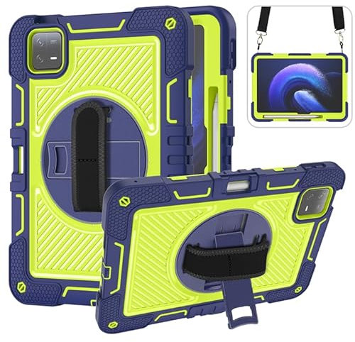 Custodia per tablet per Xiaomi Mi Pad 6/Mi Pad 6 Pro (11 pollici, modello 2023), robusta custodia resistente a tre strati, antiurto, cavalletto girevole a 360 gradi, con tracolla a mano, verde navy