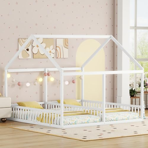 FEZTOY Hausbett 90x200 mit Rausfallschutz für 2 Kinder, Kiefernholz Kinderbett für Jungen & Mädchen, Kinder Bett Bodenbett, Einzelbetten, ohne Matratze, Weiß