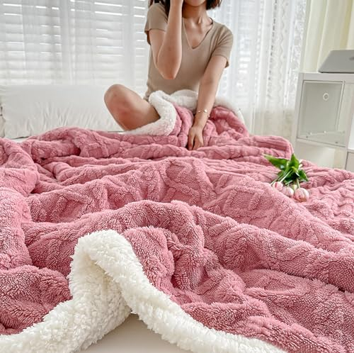 QOFLY Decke Sofa Kuscheldecke Rosa - 150x200cm Warm Sherpa Sofaüberwurf Decke, Dicke Sofadecke Couchdecke, XL Flauschige Wohndecke für Couch Cozy Blanket Pink