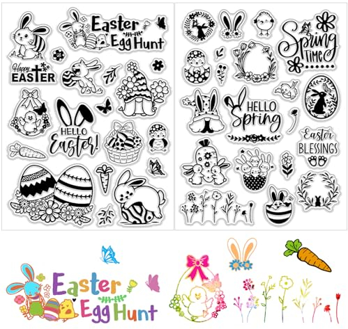 BOFUNX Silikonstempel Ostern, 2 Blätter Clear Stamp Ostern Set Silikon Stempel mit Ostereiern Hase Küken Huhn Blume Wörter Frühling Stempel für DIY Handwerk Scrapbooking Fotoalbum Karten Dekoration