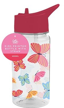 PRISTINE ENTERPRISE KIDS WATER BOTTLE WITH STRAW-FLIP NOZZLE-BPAFREE-CARRY HANDLE-SCREW ON LID- 400 ML-RAINBOW-UNICORN-SPACE-DINOSAURS ASSORTED DESIGNS (BUTTERFLY)