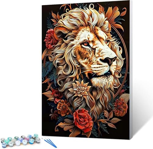 Peepezo Malen Nach Zahlen Erwachsene Löwe DIY Handgemalt Ölgemälde Kit für Anfänger und Erwachsene Acrylpigment für Kinder Gemälde kreatives Geschenk Home Haus Deko Blumen 50x65cm (mit Rahmen)