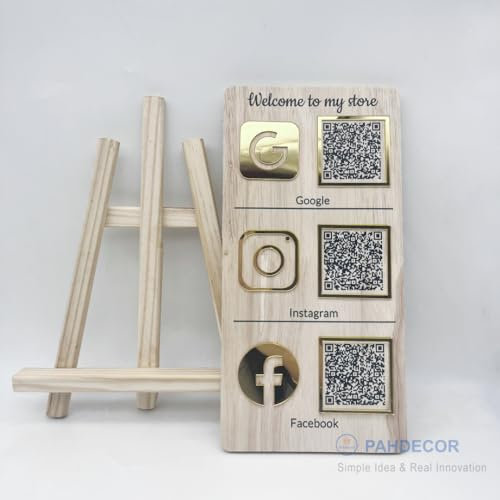 Pahdecor Personalisiertes Holzschild mit dreifacher Ikone, QR-Code, individuelles Instagram, Facebook, Web, Social Media, Scan, um Venmo Paypal zu bezahlen, Schönheitssalon-Schild, Friseurschild