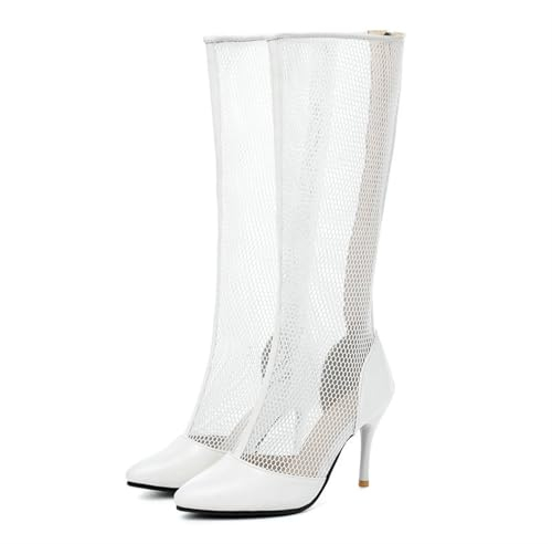 FEBSDHSMI Stivali alti al ginocchio in rete con suola a punta e tacco basso con plateau e punta tonda da donna(White,36 EU)