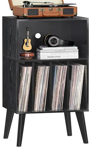 Plattenspieler-Ständer, Plattenspieler-Ständer bietet Platz für bis zu 160 Alben, Mid-Century Vinyl-Aufbewahrungshalter Tisch mit Holzbeinen, Plattenspieler-Schrank-Regal ,Schwarz, Beistelltisch