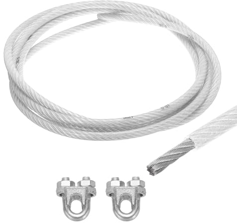 Sourcing Map 10mm (3/8 inch) Clear Vinyl Coated Galvanized Steel Wire Rope, 3m/10ft with 2x M10 Loop Sleeves for String Lights, Decor, Garden