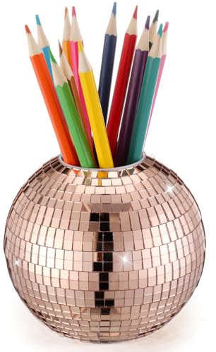 Singhoow 4 Inch Disco Ball Pencil Pen Holder for Desk Accessories Sequin Plastic Makeup Brush Holder Organizer Multifunctional Pencil Cup Disco Flower Vase for Home Office Classroom Decor(Rose Gold)