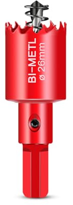HOHXEN Lochsäge 26mm, M42 HSS Heavy Duty Bi-Metall Lochsäge mit Positionierbohrer zum Schneiden von Mildstahl, Edelstahl, Gusseisen, Messing, Aluminium, Holz, PVC-Rohr, Gipskarton, Dichtebrett - Rot