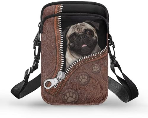 TSOVTHRID Damen Umhängetasche mit Hunde-Aufdruck für Reisen, Mops Hundepfoten, Reißverschluss, Braun