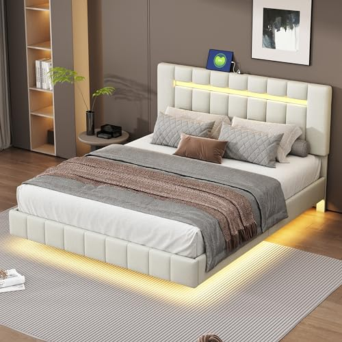 FEZTOY Polsterbett 160 x 200 cm, Bett Schwebebettrahmen mit LED-Leuchten und 2 USB Anschlüsse, Doppelbett, Gästebett in hautfreundlichem Leinen, Ohne Matratze,Beige