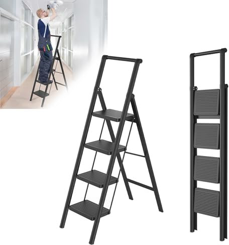 Froadp Scala pieghevole a 4 gradini, antiscivolo, in ferro, multifunzione, con corrimano, per casa, cucina ed esterni, portata fino a 250 kg