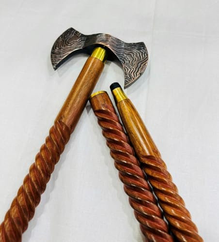 Handmade Viking Axe Head Walking Stick, Victorian Wooden Walking Stick, Spiral Cane, Nautical Gentlemen Walking Stick, Three Fold Stick