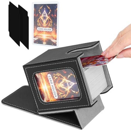 Card Deck Box for MTG Commander,Magnetic Card Display Case with two Dividers,TCG Card Storage Box,PU Leather Trading Card Storage Box Holds 100 Double-Sleeved Cards,Black Grey