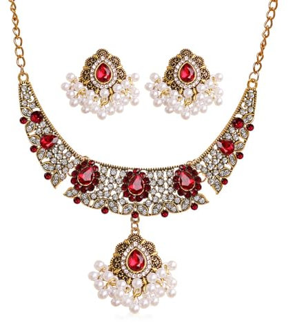 FDEETY 2 Stück Tropfenform Kristall Schmuckset Halskette Ohrringe Perlenbesetzt Antik Indischer Stil Damen Schmuck Goldfarben