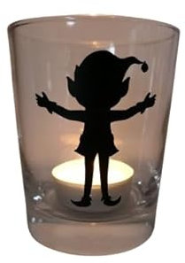 Lichtidee Teelicht Glas Windlicht Tischlicht Print schwarz mit Weinachtswichtel Welcome Handmade Unikat Maritim Geburtstag Ostern Muttertaggeschenk, Höhe 9cm,