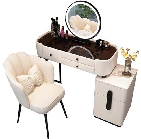 TAITUTE Schminktisch mit LED Spiegel und Stühle,Kosmetiktisch mit 5 Schubladen Massivholz für Schlafzimmer,Glas-Schreibtischplatte Make Up Tisch Wohnzimmer