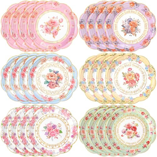 Zhehao 24 Pcs 7 Inch Vintage Floral Dessert Plates Bulk Watercolor Disposable Paper Plates Scalloped Retro Flower Decorative for Birthday Wedding Baby Shower Tea Party Decor Supplies, 6 Styles