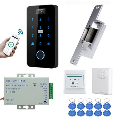 YAVIS Kit Système de Contrôle d'Accès WiFi TUYA, Clavier D'empreintes Tactile avec Écran, Serrure de Porte électrique NC, IP68 Étanche, RFID NFC 125KHz/13.56MHz, Alimentation, Sonnette Porte, Boutons